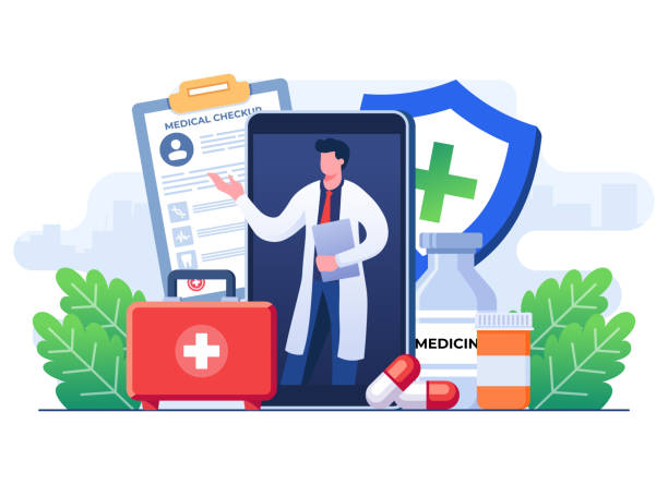 Illustration of a hand holding a bottle with medical technology icons